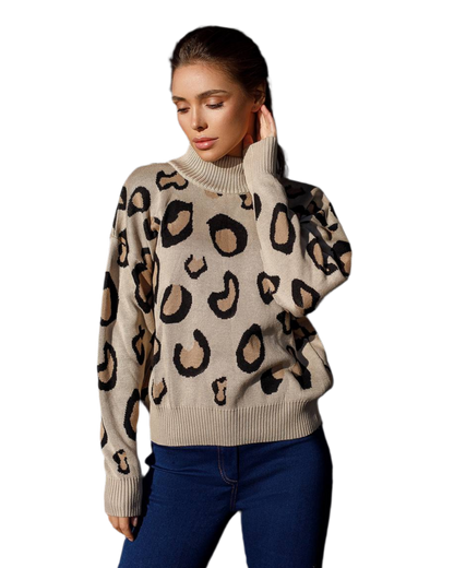 Womens Leopard Pattern Turtleneck Sweater Warm Soft Jumper