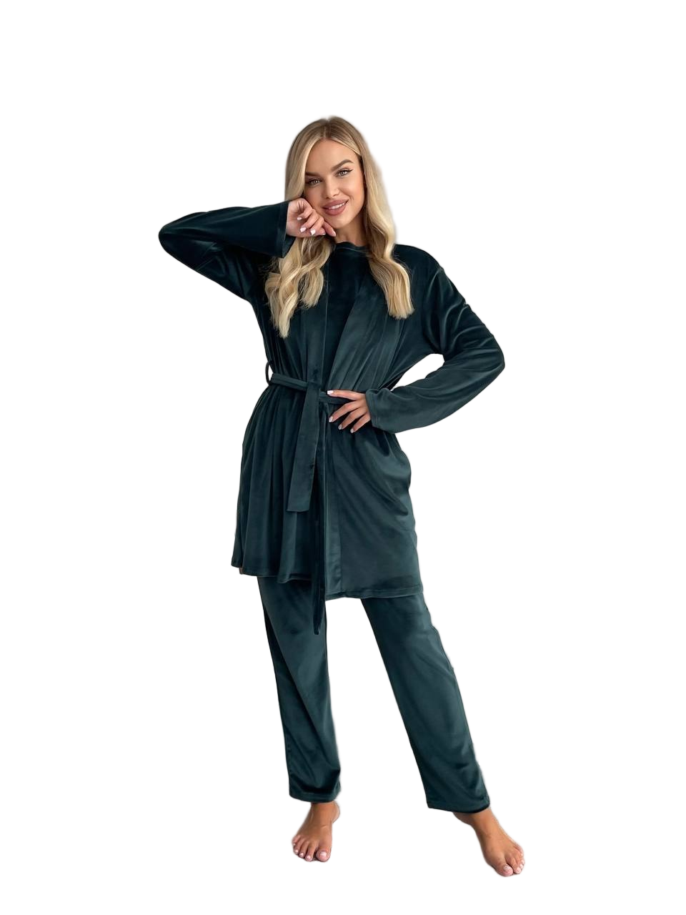 Velour Knit Three Piece Loungewear Set Emerald Green Robe Top Pants