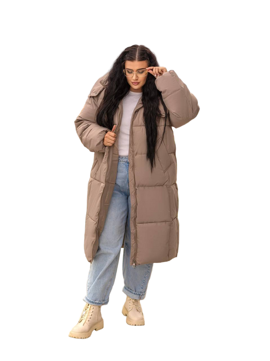 Taupe Oversized Puffer Coat High Collar Removable Hood Water Resistant Winter Jacket