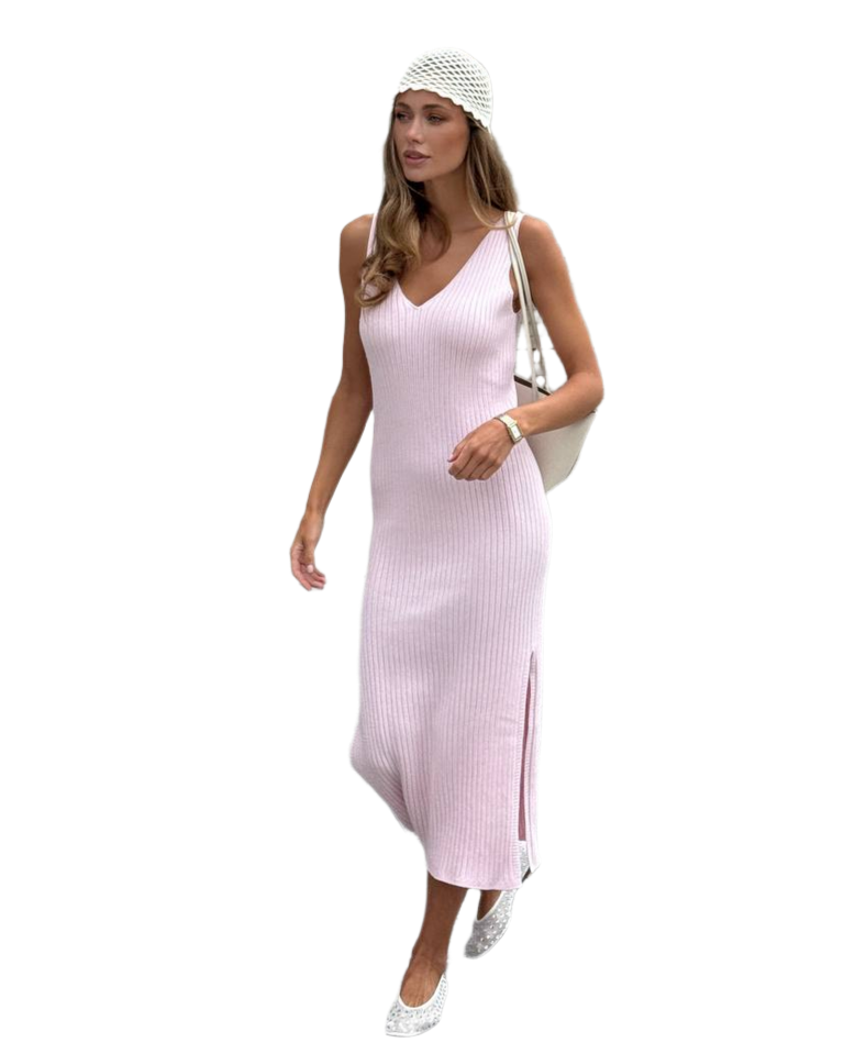 Luxury Seamless Pink Women's Dress Ribbed Design Midi Length
