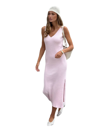 Luxury Seamless Pink Women's Dress Ribbed Design Midi Length