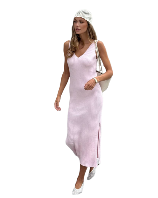 Luxury Seamless Pink Women's Dress Ribbed Design Midi Length