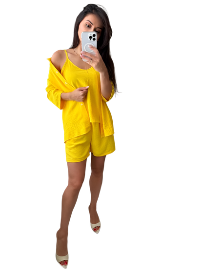 Summer Lightweight Three-Piece Suit Yellow Shorts Tank Top Shirt Set