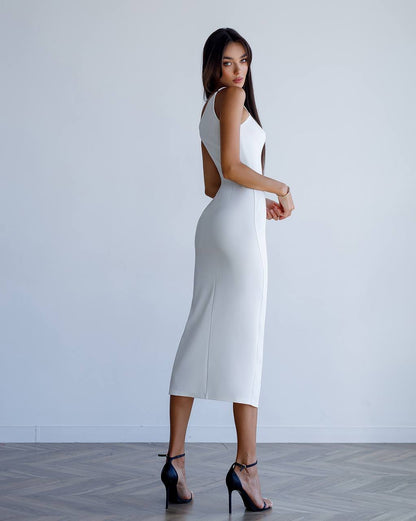 Elegant One-Shoulder White Midi Dress with Side Slit