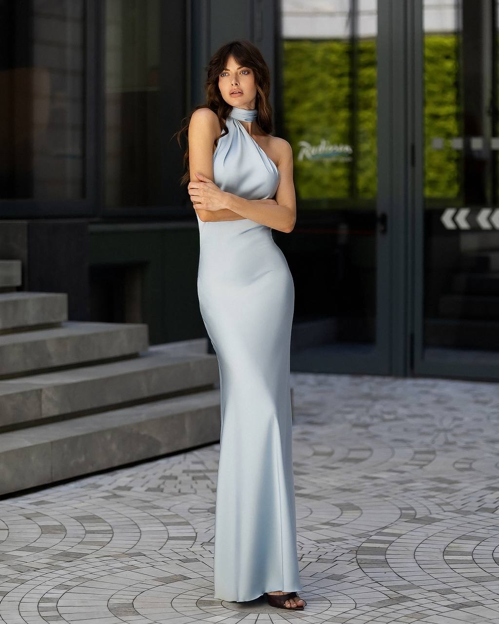 Womens Maxi Evening Dress with Halter Neck in Suiting Satin