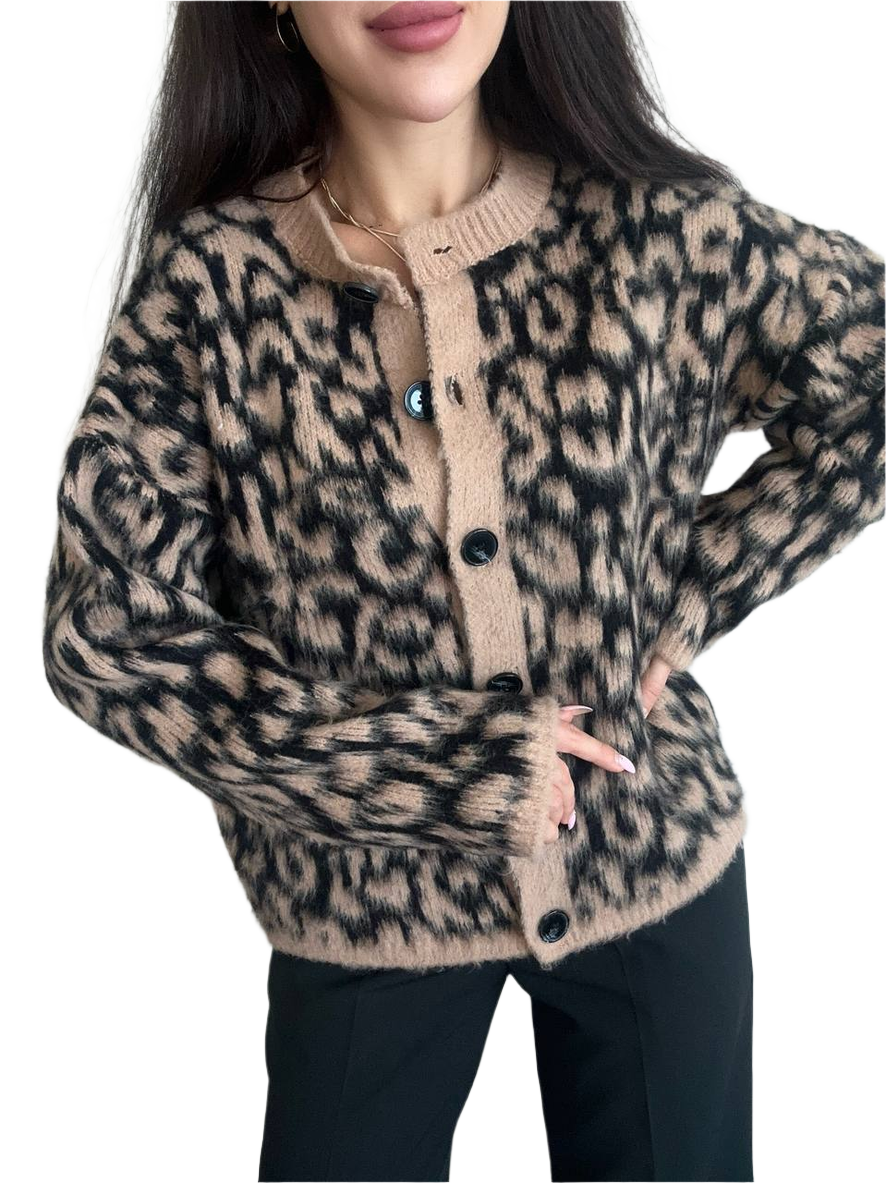 Warm Leopard Print Knit Cardigan for Women