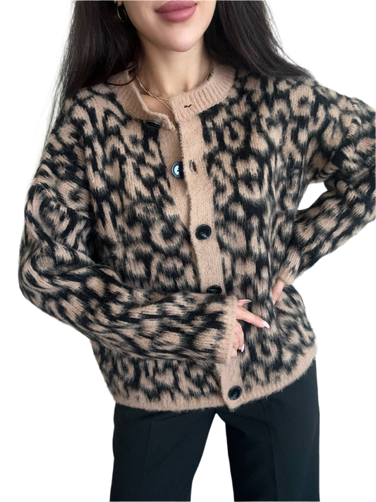 Warm Leopard Print Knit Cardigan for Women