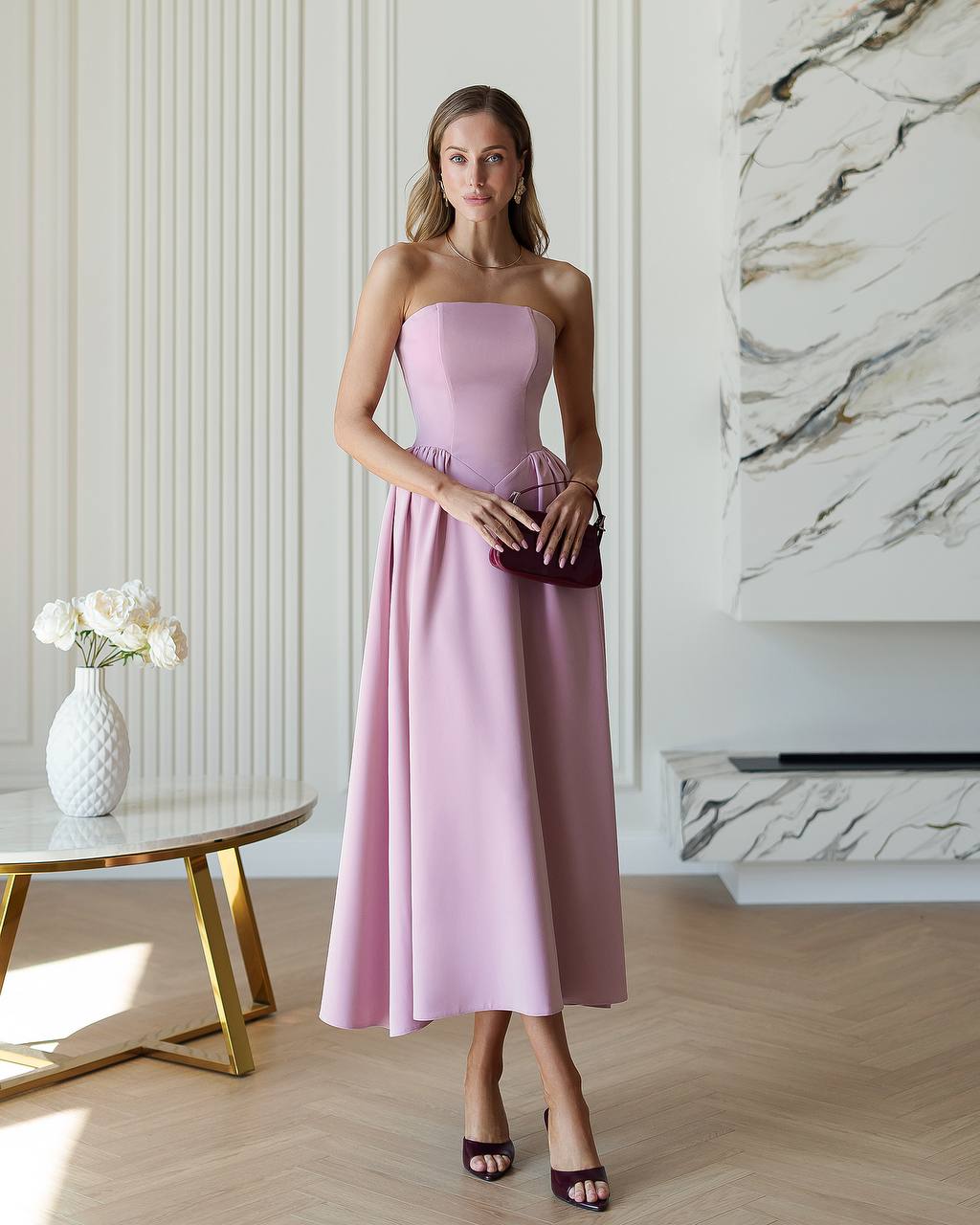 Strapless Midi Dress Women Premium Crepe Fabric Elegant Cocktail Dress