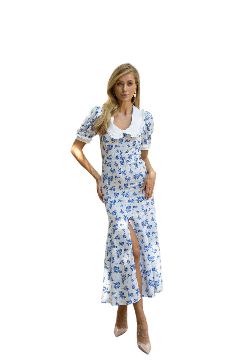 Elegant Midi Dress with Blue Floral Print and Peter Pan Collar