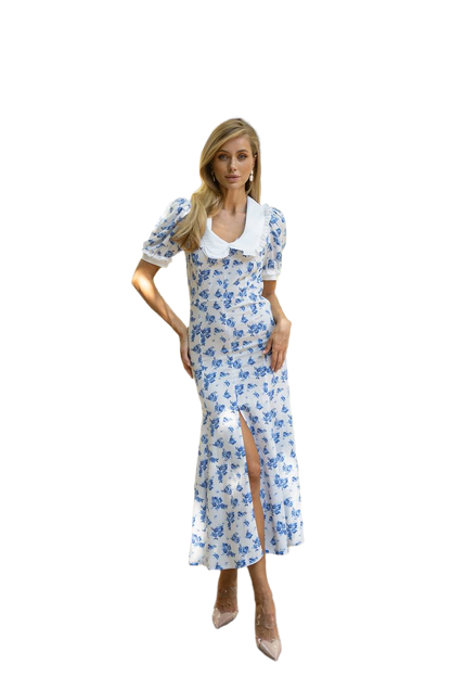 Elegant Midi Dress with Blue Floral Print and Peter Pan Collar