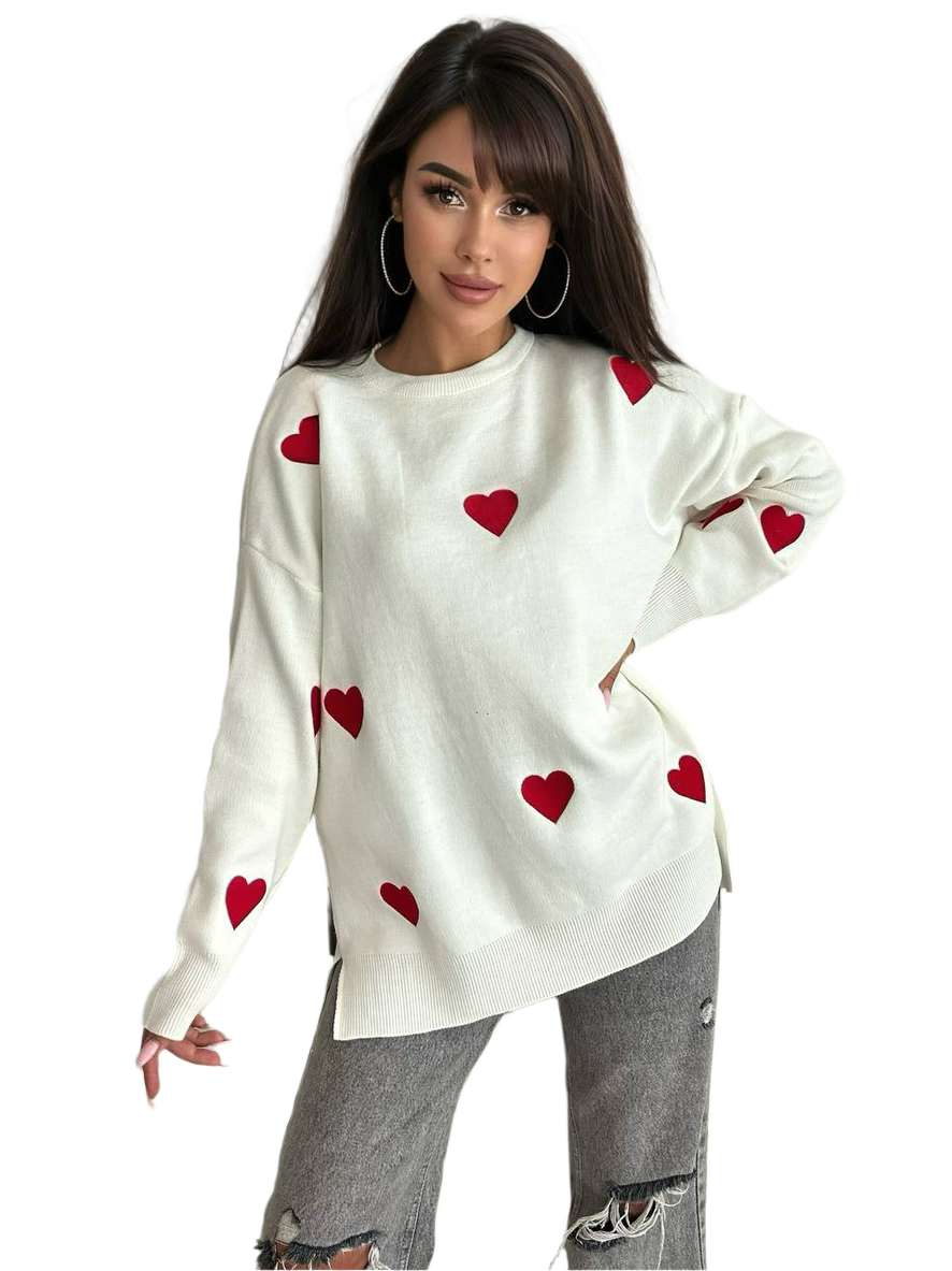 Womens Machine Knit Sweater With Embroidered Hearts