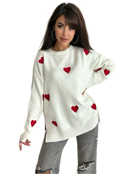 Womens Machine Knit Sweater With Embroidered Hearts