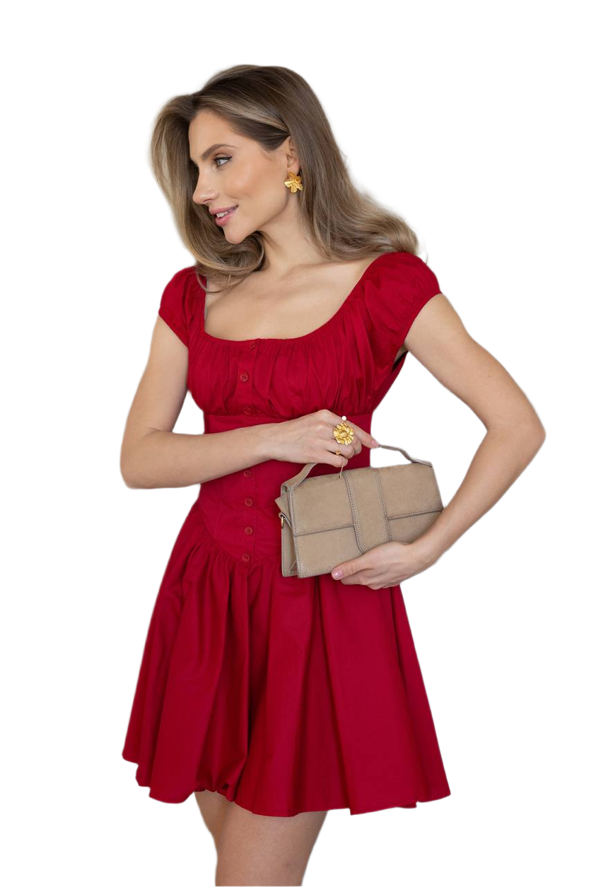 Red Cherry Dress for Women with Corset Waist and Button Detail