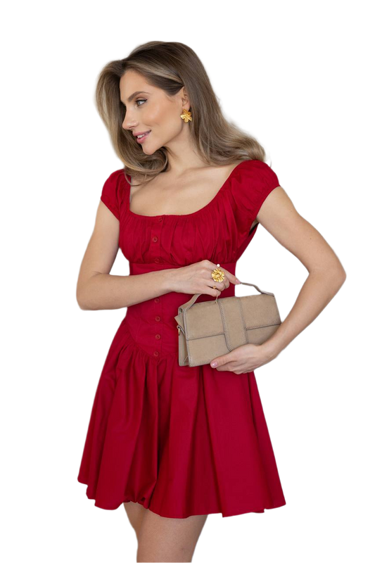Red Cherry Dress for Women with Corset Waist and Button Detail
