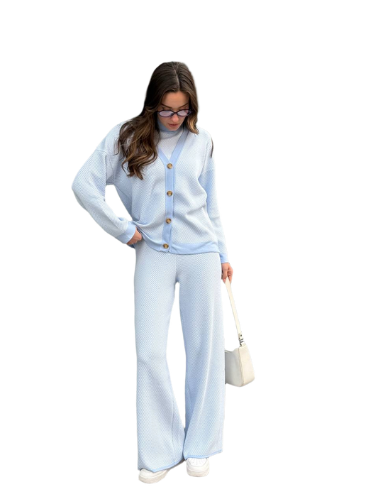 Stylish Women's Three-Piece Knit Set Cardigan Top Pants Light Blue