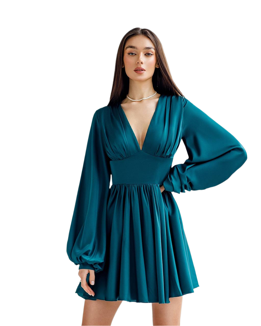 Elegant Thick Silk Dress with Long Sleeves in Emerald