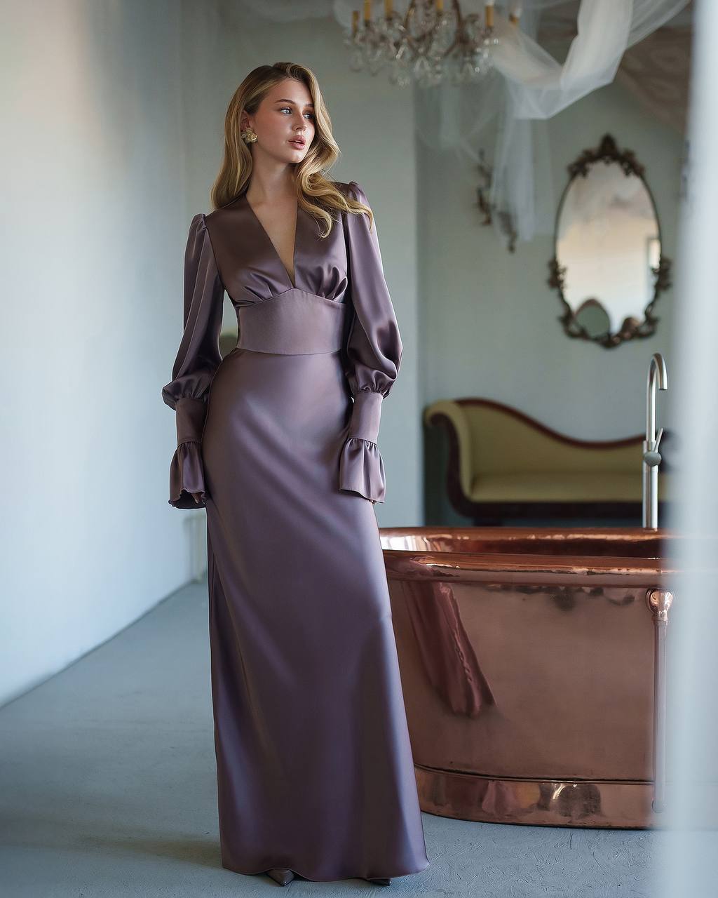 Elegant Long Satin Dress with Ruffle Sleeves for Women