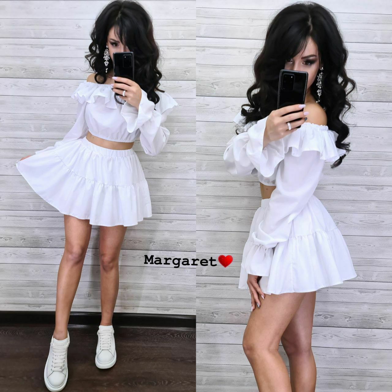 Two images of a person wearing a white outfit with ruffled sleeves and a skirt, standing against a light wooden panel background.