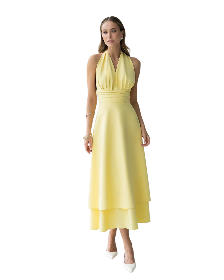 Elegant Yellow Halter Neck Dress in Premium Diagonal Suiting Crepe