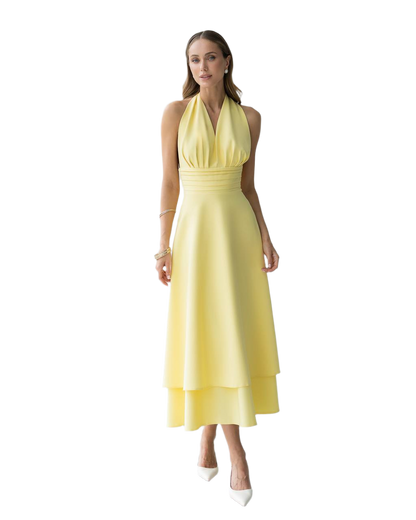 Elegant Yellow Halter Neck Dress in Premium Diagonal Suiting Crepe