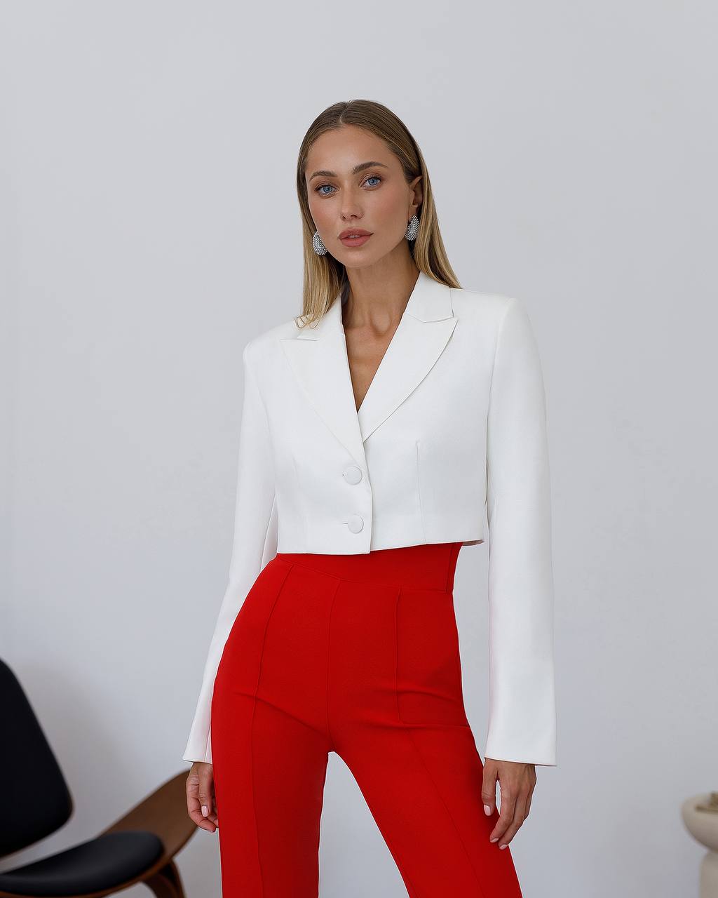 Womens Cropped Suit Jacket Premium Crepe Diagonal