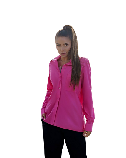Womens Stylish Pink Long Sleeve Shirt Casual Button Down Top