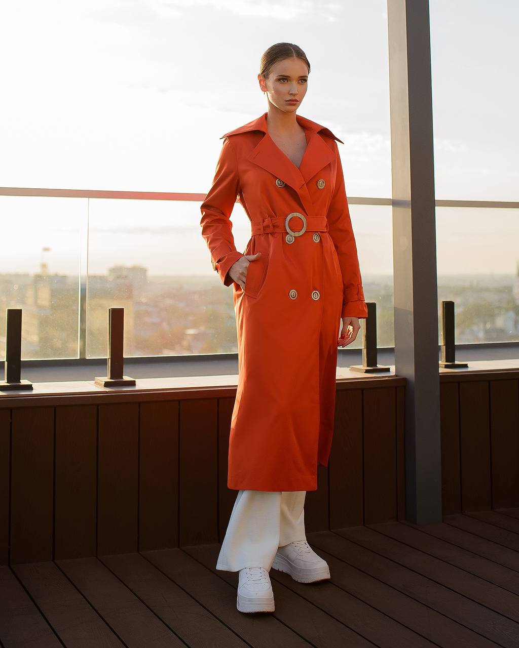 Stylish Red Trench Coat with Pockets and Belt for Women's Fashion