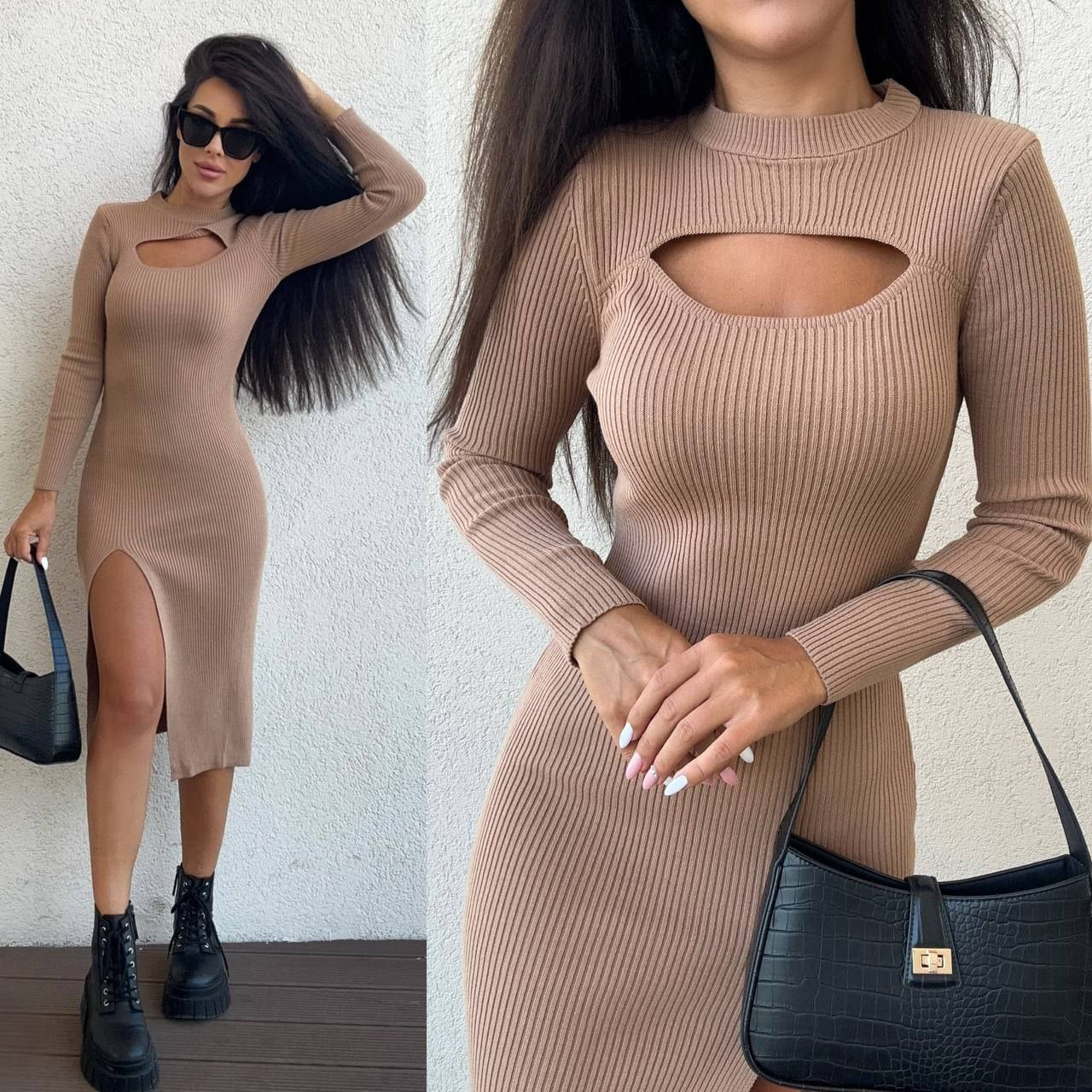 Woman wearing a beige ribbed dress with cut-out design, holding a black handbag.
