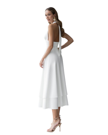 Elegant White Halter Neck Premium Crepe Dress for Women