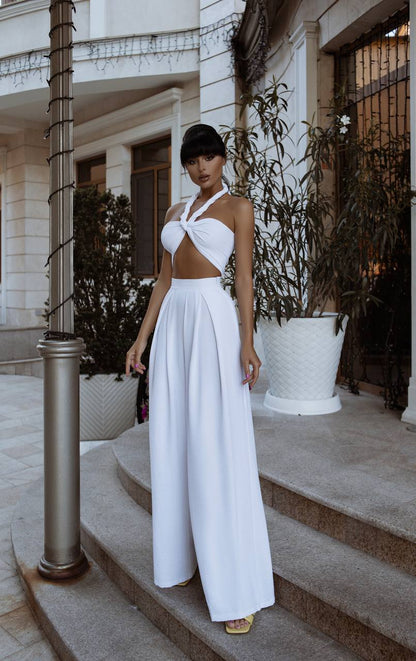 White Palazzo Pants and Multifunctional Strapless Top Set for Women
