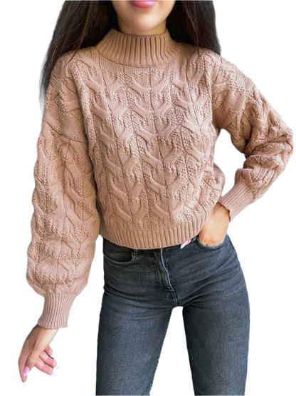 Womens Short Cable Knit Sweater Frank Long Sleeve Cropped Pullover
