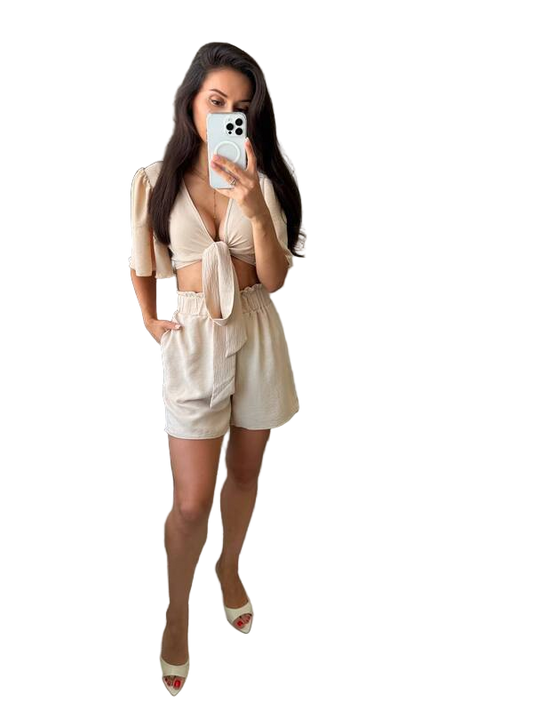 Lightweight Beige Two-Piece Set Top and Shorts