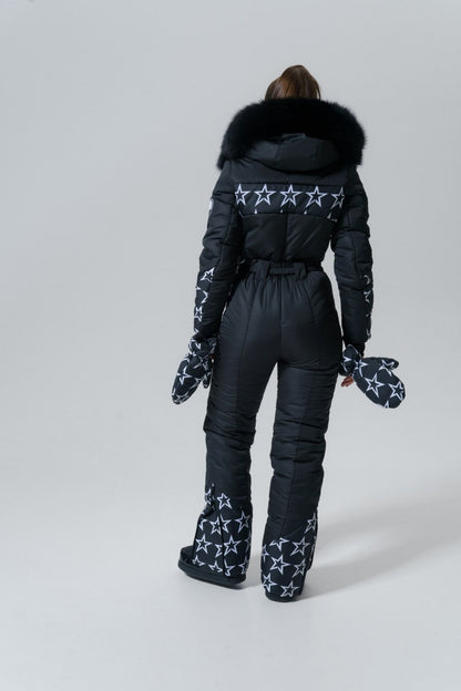 Black snowsuit with star patterns on a white background