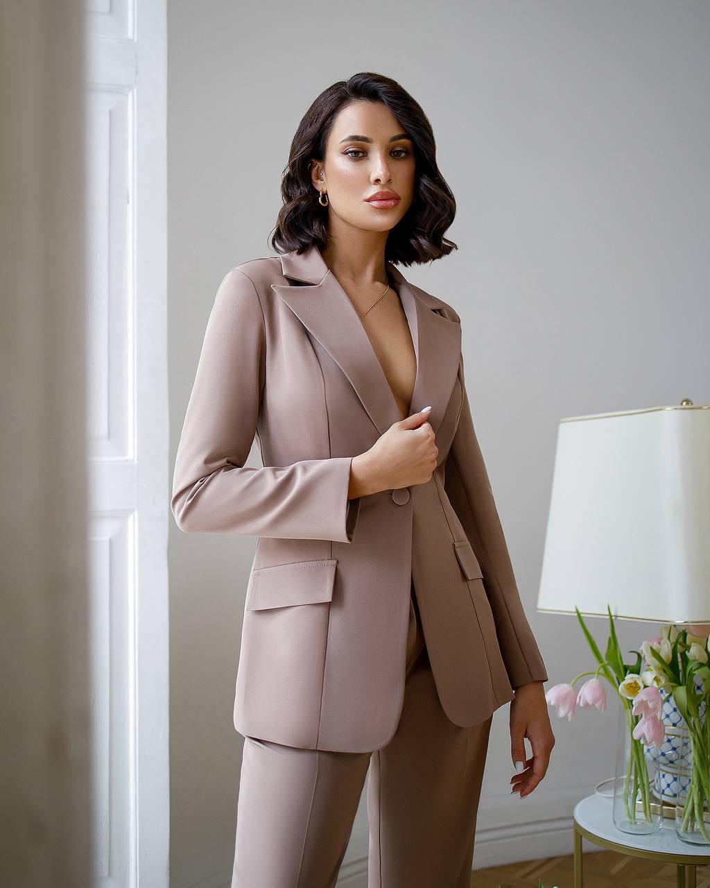 Elegant Womens Suit Jacket and Trousers Set in Soft Brown Crepe Diagonal