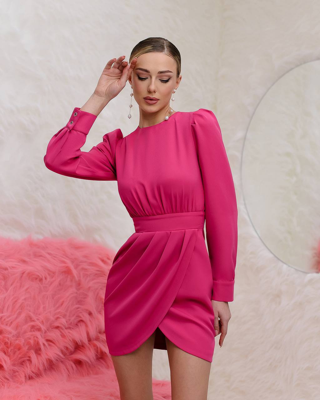 Elegant Long Sleeve Draped Mini Dress in Bianca Suiting Fabric