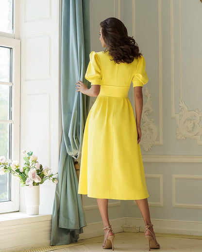 Elegant Yellow Midi Dress Women Premium Crepe Fabric