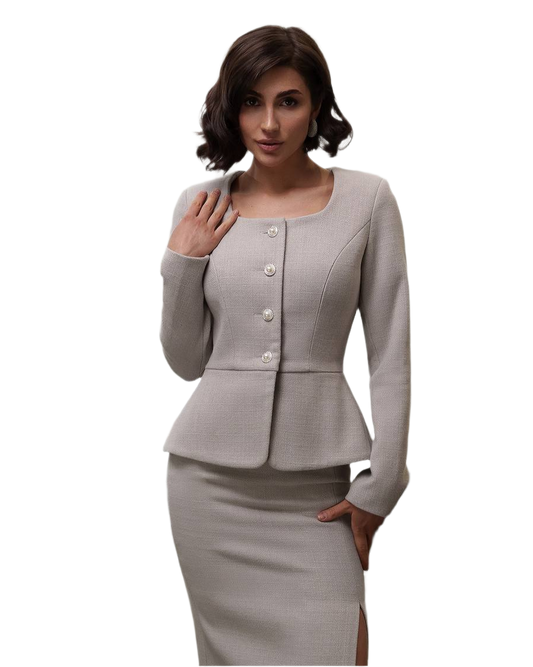 Women's Tweed Suit with Jacket and Skirt in Beige