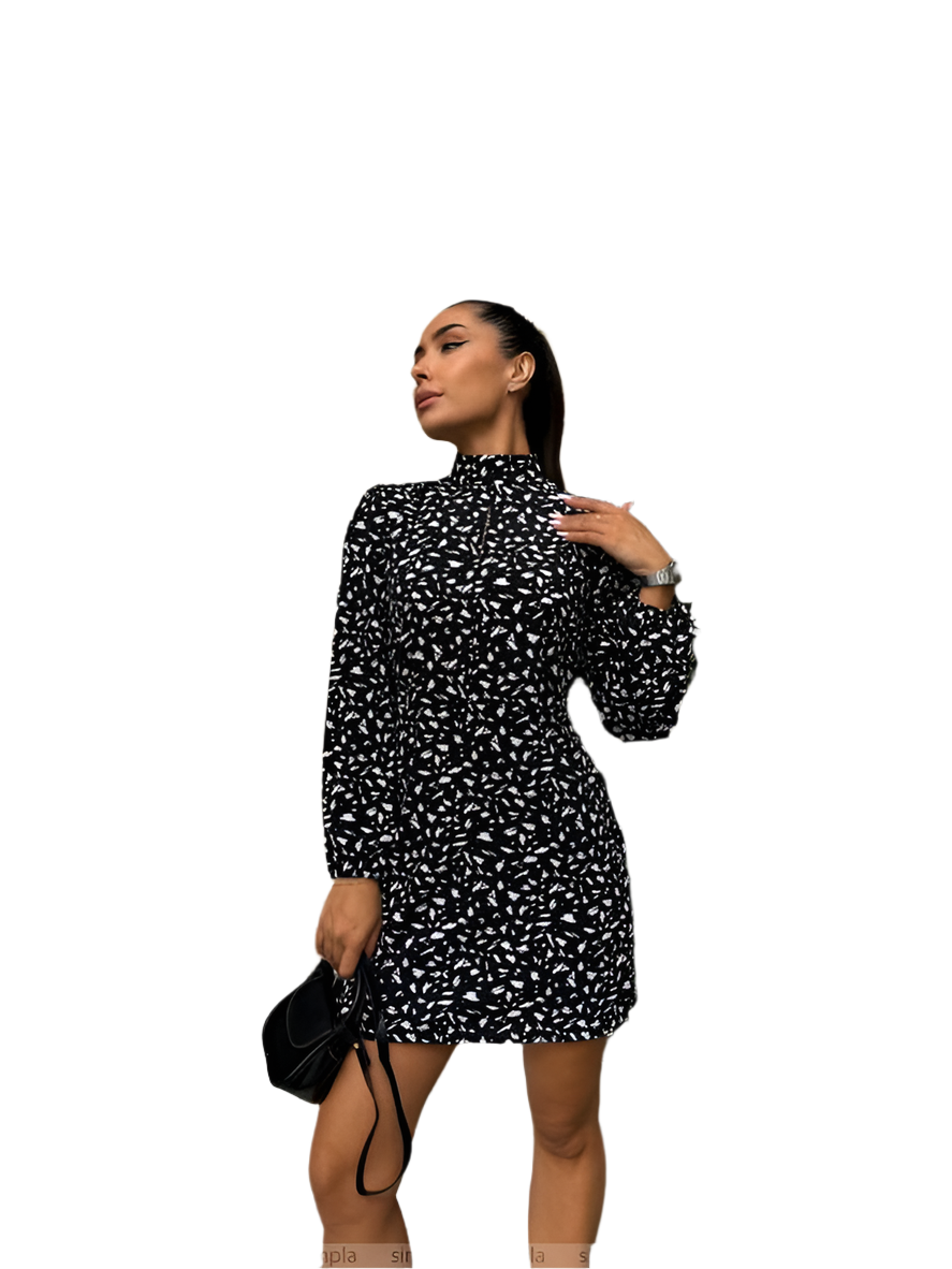 Woman wearing a black and white patterned dress on a white background