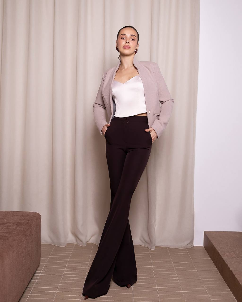 Womens Flare Trousers High Rise Full Length Pants