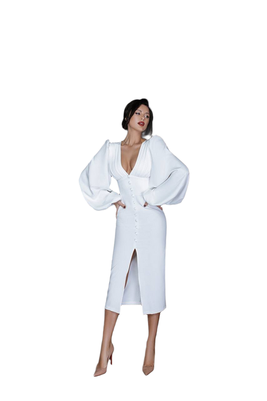 Woman wearing a white dress with wide sleeves on a white background