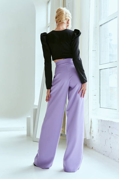 Womens Wide Leg Tailored Trousers in Suiting Diagonal Crepe