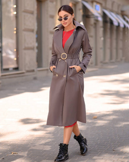 Stylish Cotton Trench Coat with Pockets and Belted Waist for Chic Fall Look