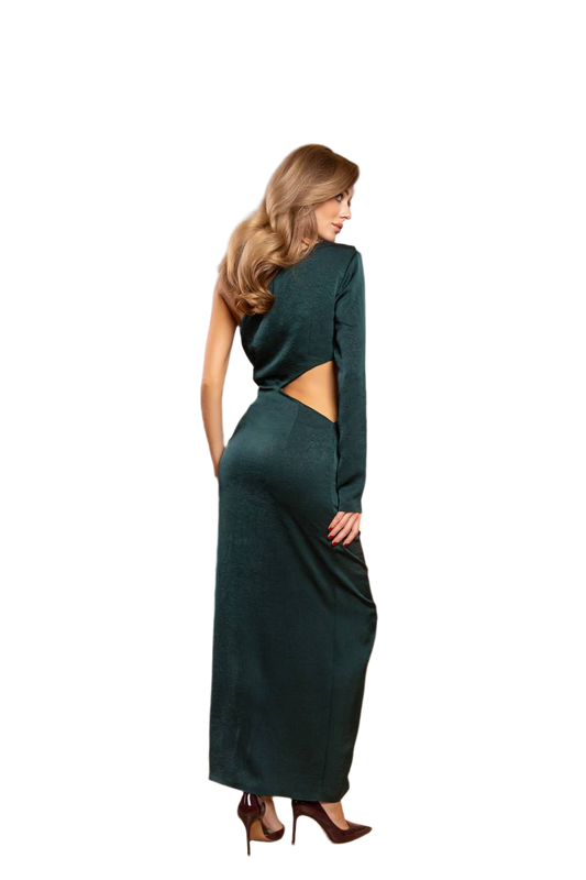 Woman wearing a dark green dress with cut-out design on a white background