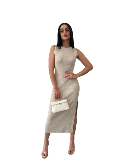 Sleeveless Beige Textured Midi Dress with Side Slit for Women