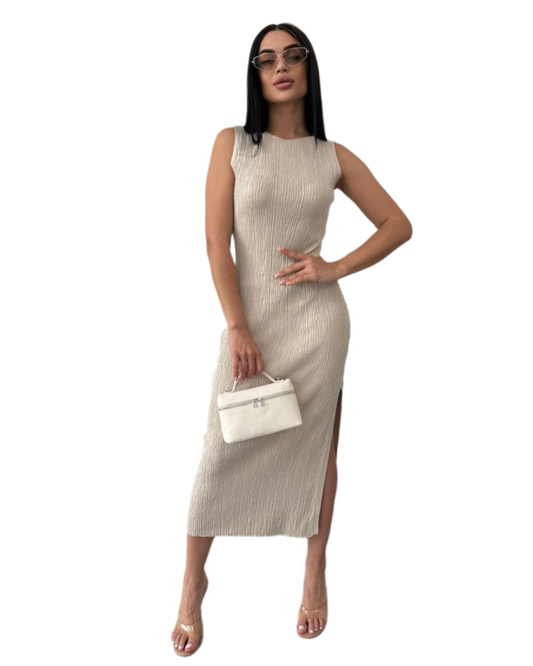Sleeveless Beige Textured Midi Dress with Side Slit for Women