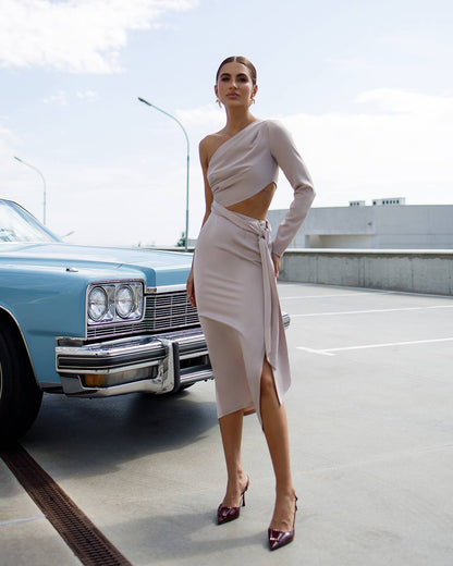 Asymmetric One Sleeve Midi Dress in Light Beige Satin