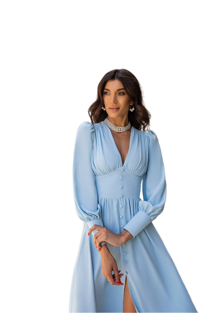 Woman wearing a light blue dress on a white background