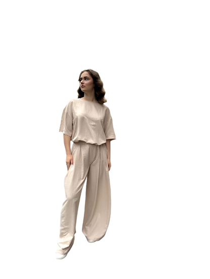 Stylish Beige Women's Two-Piece Suit Wide Culottes and Loose Fit Top