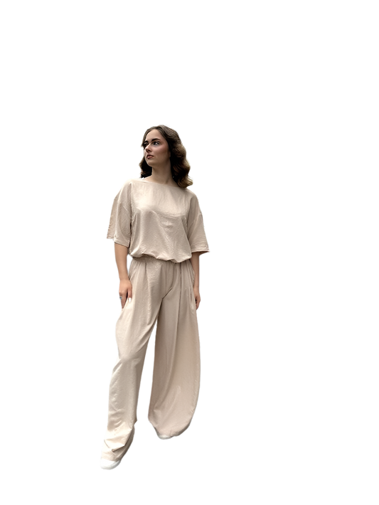 Stylish Beige Women's Two-Piece Suit Wide Culottes and Loose Fit Top