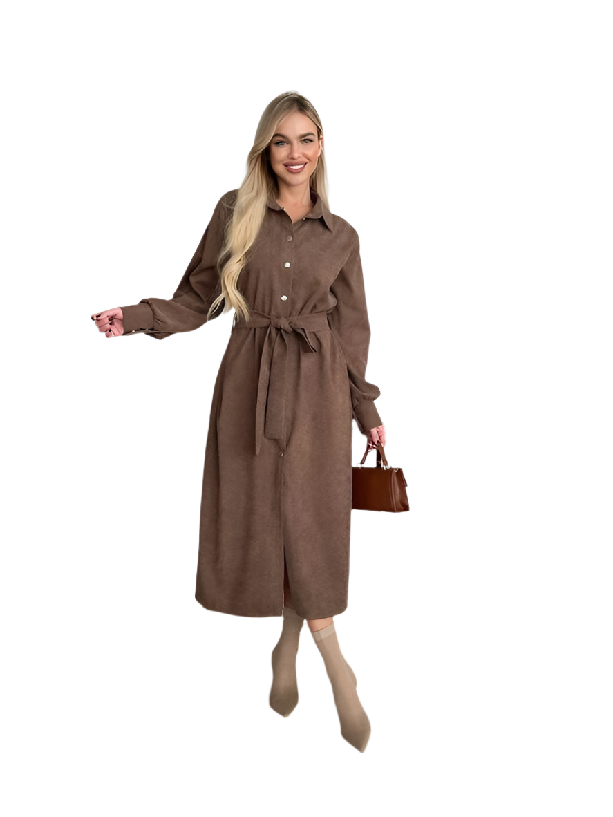 Brown Microvelvet Midi Shirt Dress with Waist Tie